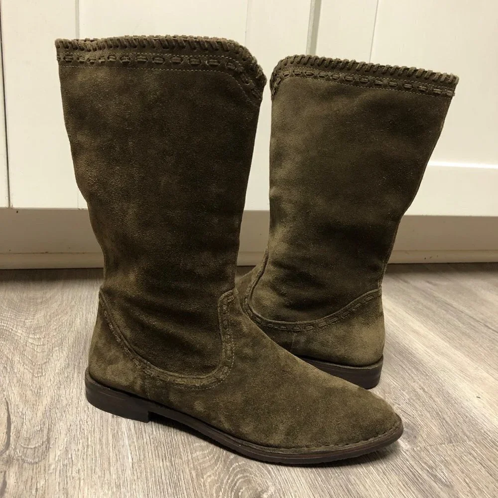 Trask Women's Size 7.5 Olive Green Suede Leather Boots Mid Calf Army Green